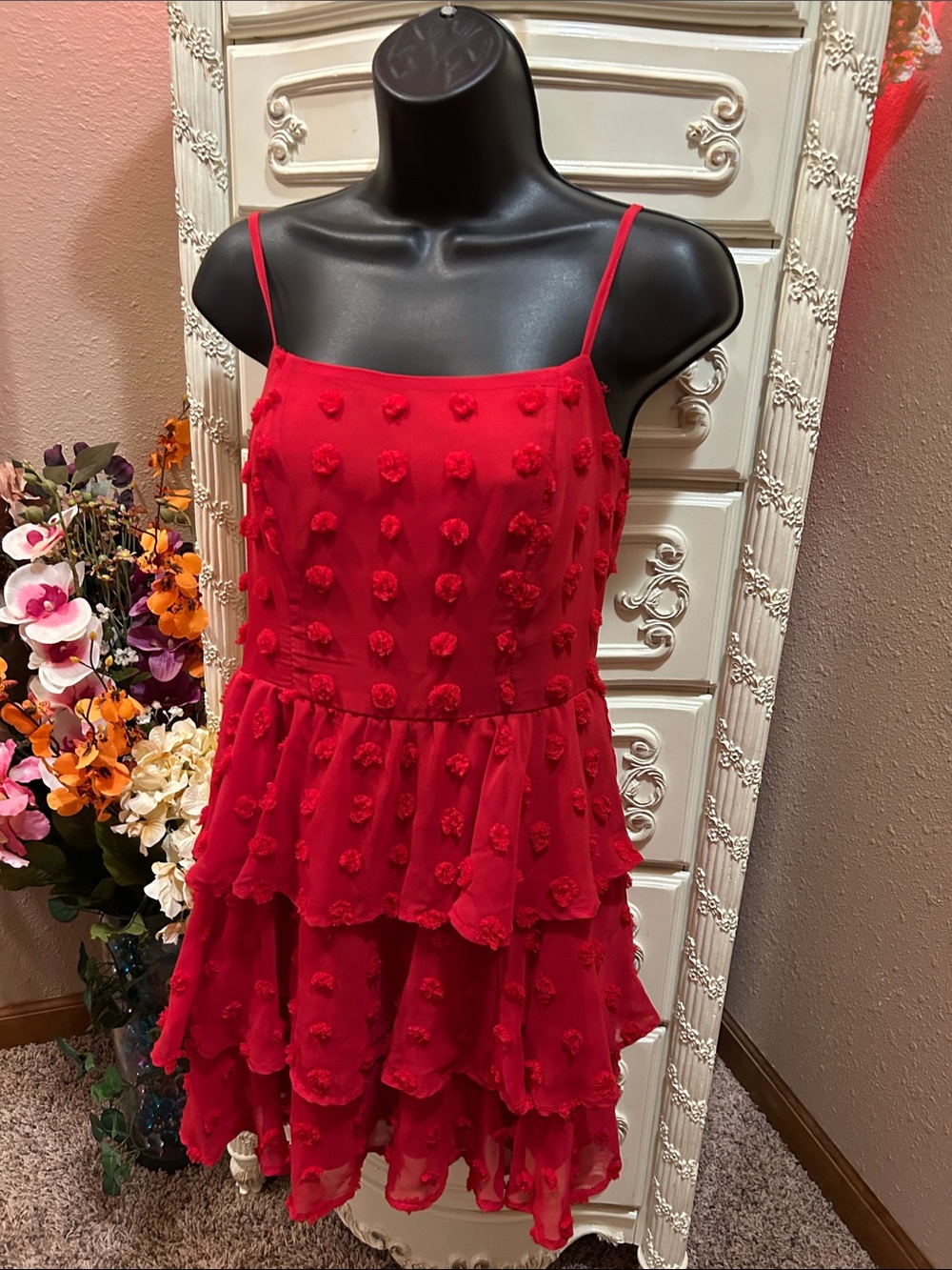 Red Tiered Pom-Pom Spaghetti Strap  Homecoming Dress